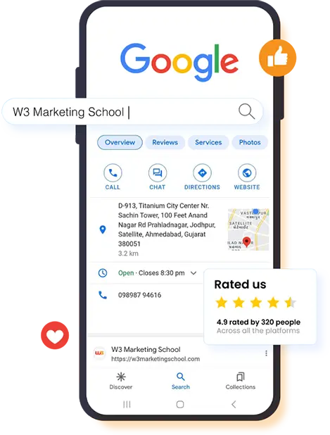 Image of a mobile with screenshot of W3 Marketing School searched on Google